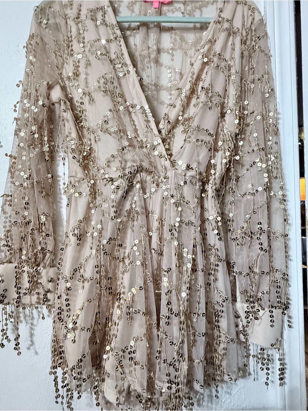 Xtaren Gold Sequin Long Sleeve Wrap Tunic Dress